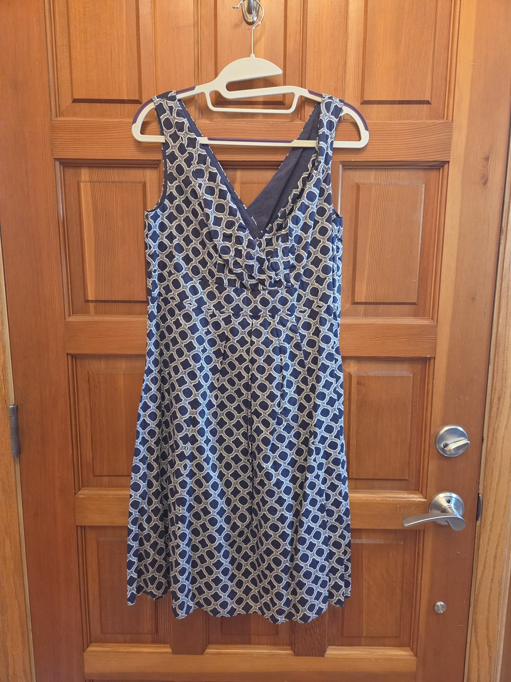 Lands' End Navy and White Geometric V-Neck Dress